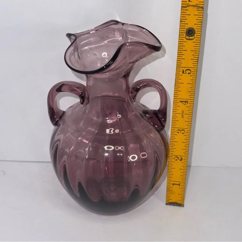 purple amethyst Glass Vase Crimped Edges Double Handles 6 inches Tall
